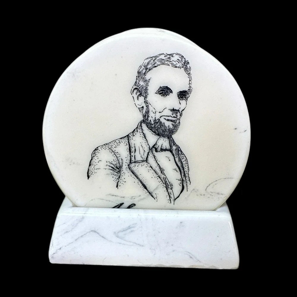 Abraham Lincoln Marble Stone Coasters Set Stand Engraved Life Of Lincoln Vintage